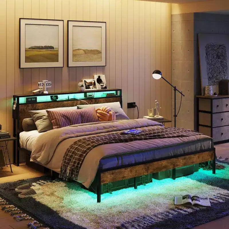 Letto Matrimoniale Marrone/Grigio, Struttura in Metallo con Testiera in Legno LED, per 2, 680 kg
