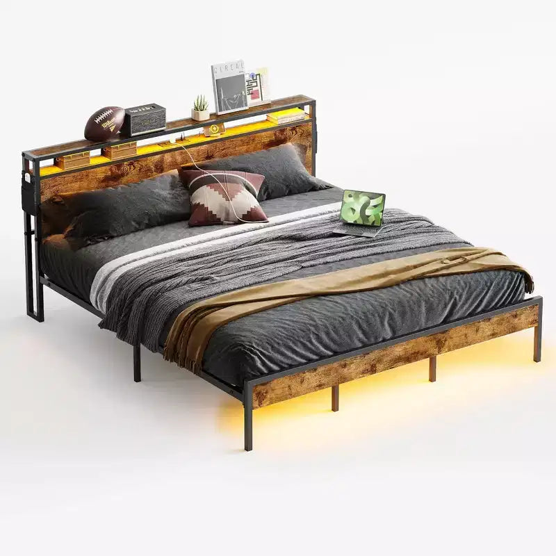 Letto Matrimoniale Marrone/Grigio, Struttura in Metallo con Testiera in Legno LED, per 2, 680 kg