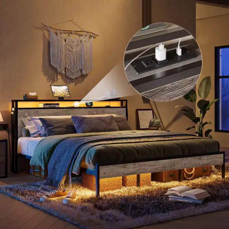 Letto Matrimoniale Marrone/Grigio, Struttura in Metallo con Testiera in Legno LED, per 2, 680 kg