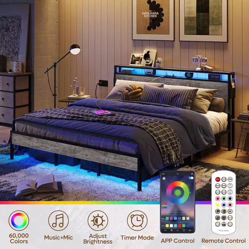 Letto Matrimoniale Marrone/Grigio, Struttura in Metallo con Testiera in Legno LED, per 2, 680 kg