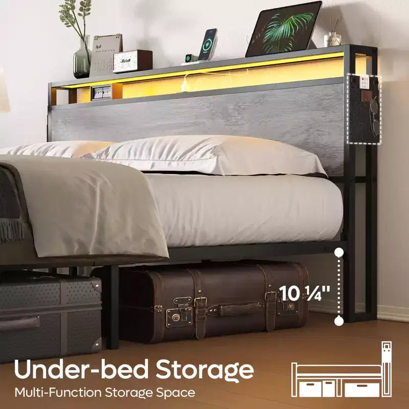 Letto Matrimoniale Marrone/Grigio, Struttura in Metallo con Testiera in Legno LED, per 2, 680 kg