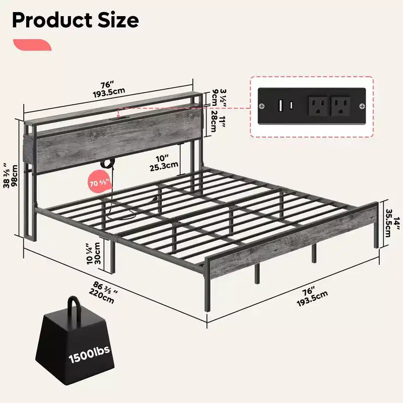 Letto Matrimoniale Marrone/Grigio, Struttura in Metallo con Testiera in Legno LED, per 2, 680 kg