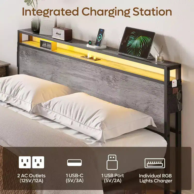 Letto Matrimoniale Marrone/Grigio, Struttura in Metallo con Testiera in Legno LED, per 2, 680 kg