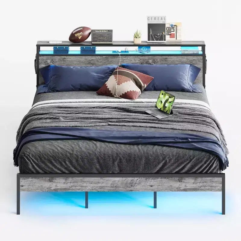 Letto Matrimoniale Marrone/Grigio, Struttura in Metallo con Testiera in Legno LED, per 2, 680 kg