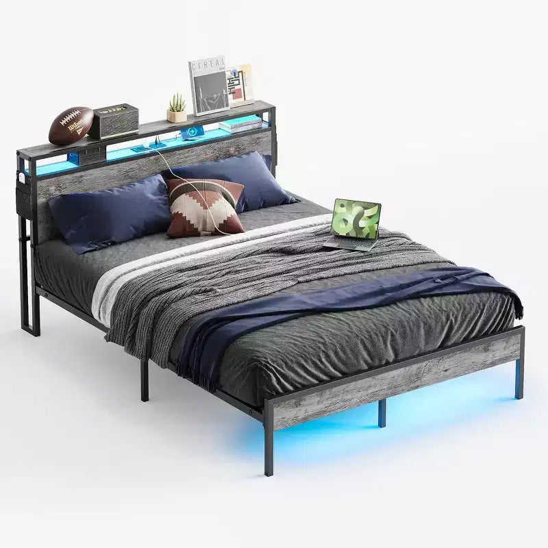 Letto Matrimoniale Marrone/Grigio, Struttura in Metallo con Testiera in Legno LED, per 2, 680 kg