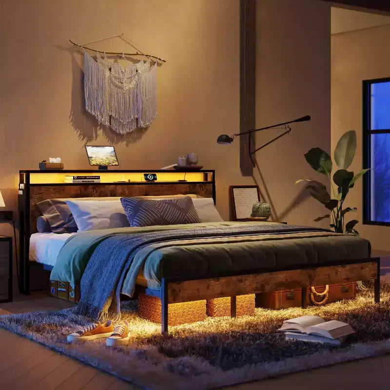 Letto Matrimoniale Marrone/Grigio, Struttura in Metallo con Testiera in Legno LED, per 2, 680 kg