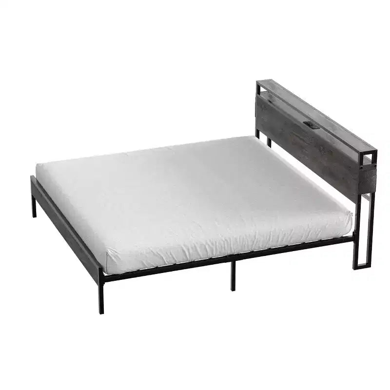 Letto Matrimoniale Marrone/Grigio, Struttura in Metallo con Testiera in Legno LED, per 2, 680 kg