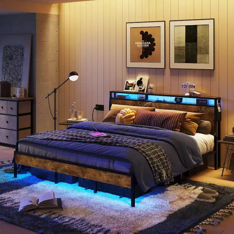Letto Matrimoniale Marrone/Grigio, Struttura in Metallo con Testiera in Legno LED, per 2, 680 kg