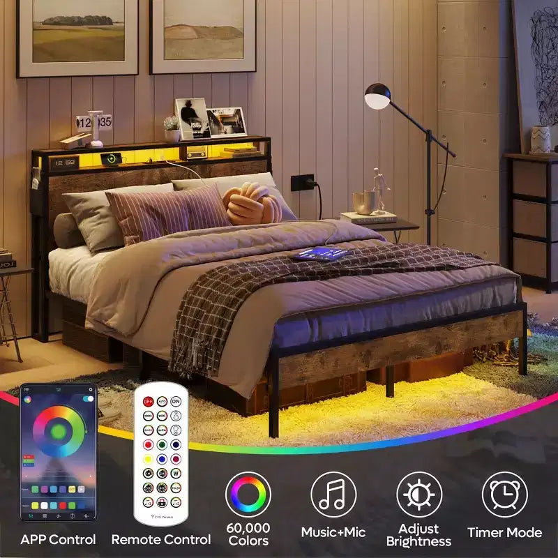 Letto Matrimoniale Marrone/Grigio, Struttura in Metallo con Testiera in Legno LED, per 2, 680 kg