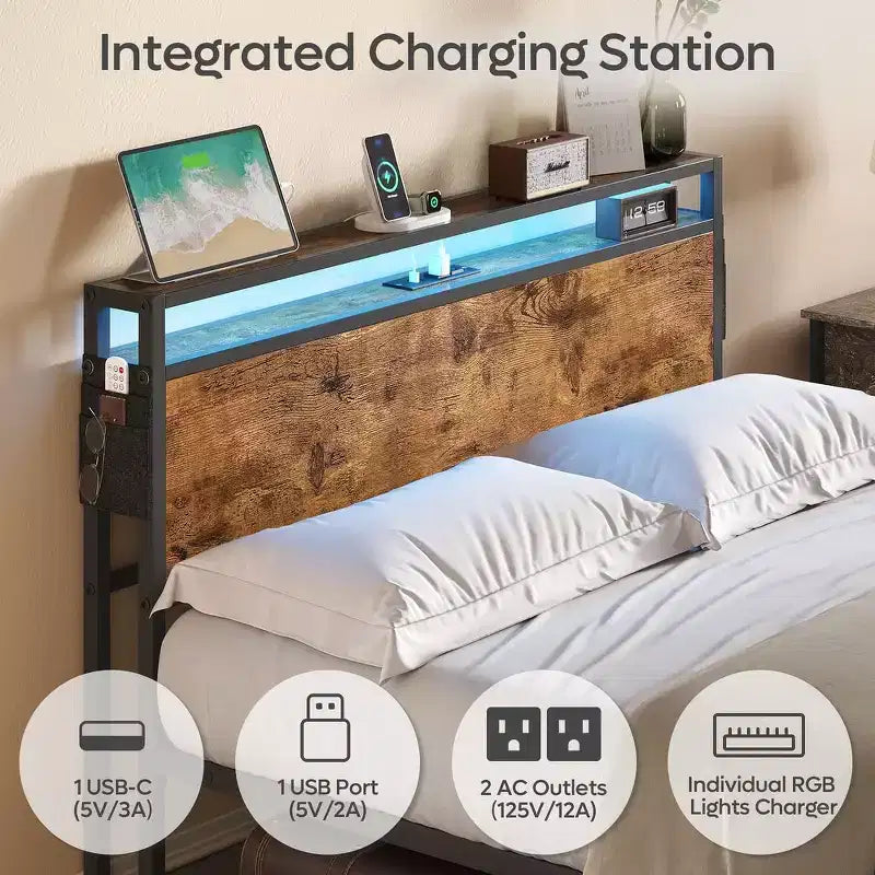 Letto Matrimoniale Marrone/Grigio, Struttura in Metallo con Testiera in Legno LED, per 2, 680 kg