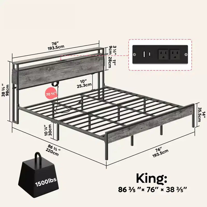 Letto Matrimoniale Marrone/Grigio, Struttura in Metallo con Testiera in Legno LED, per 2, 680 kg