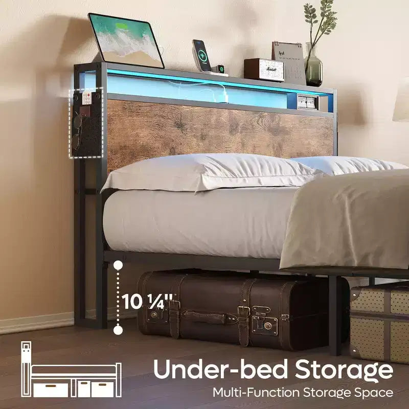 Letto Matrimoniale Marrone/Grigio, Struttura in Metallo con Testiera in Legno LED, per 2, 680 kg
