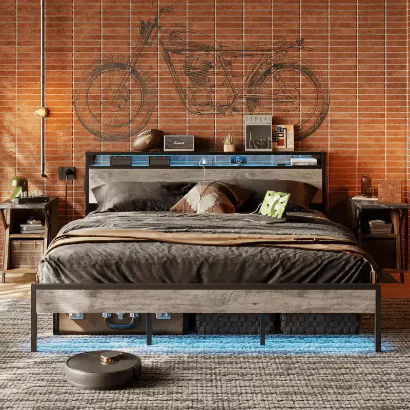 Letto Matrimoniale Marrone/Grigio, Struttura in Metallo con Testiera in Legno LED, per 2, 680 kg