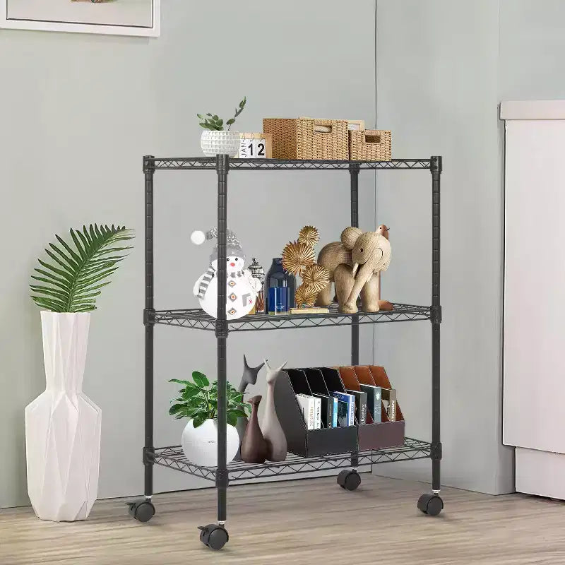 Scaffale a 3 Ripiani in Filo Metallico Nero/Cromato con Ruote, Certificato NSF, Piedini Regolabili – Utente Singolo