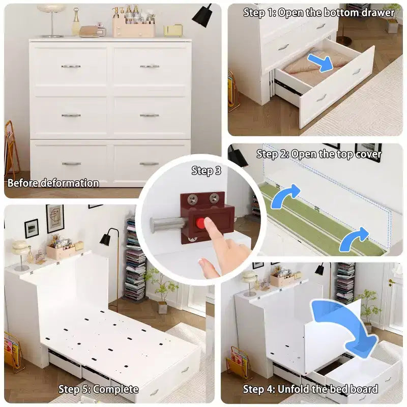 Letto a scomparsa bianco con presa laterale e sistema a carrucola – 1 persona
