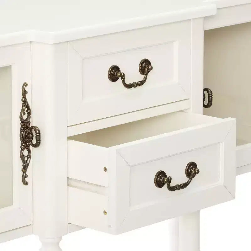 Credenza a buffet in legno bianco crema con ante in vetro e cassetti