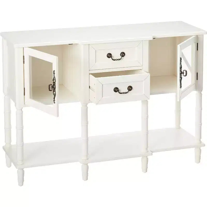 Credenza a buffet in legno bianco crema con ante in vetro e cassetti