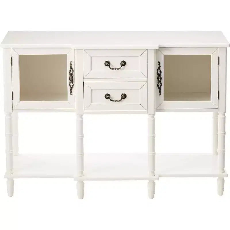 Credenza a buffet in legno bianco crema con ante in vetro e cassetti