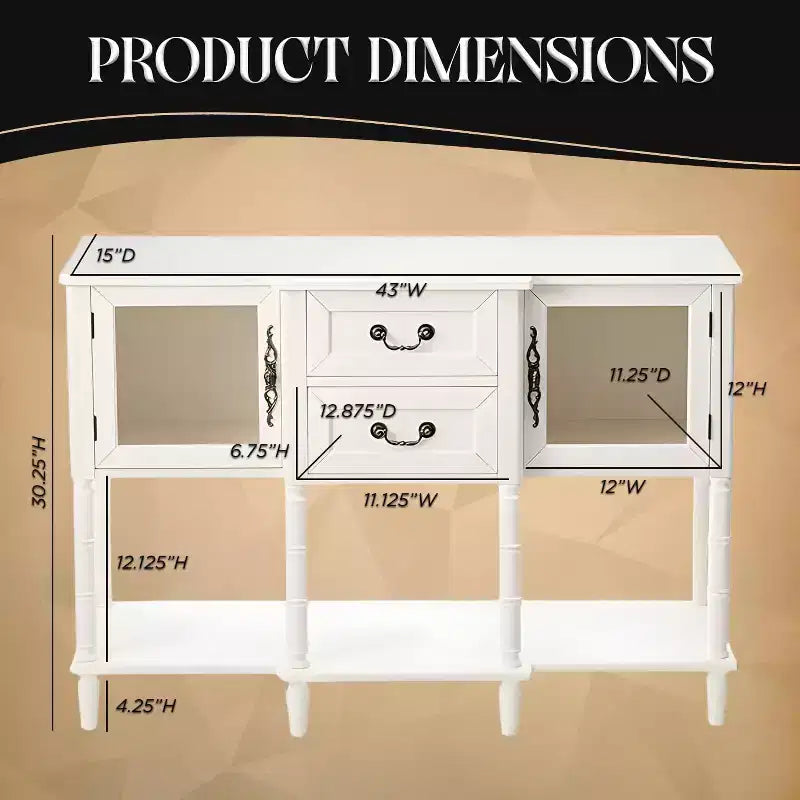 Credenza a buffet in legno bianco crema con ante in vetro e cassetti