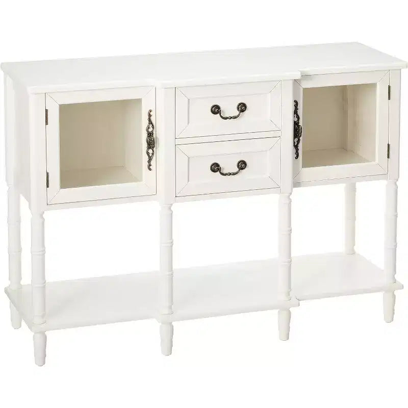 Credenza a buffet in legno bianco crema con ante in vetro e cassetti