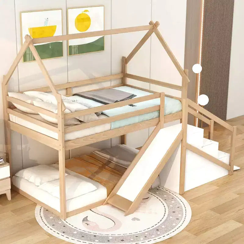 Twin over Twin House Bunk Bed with Slide and Staircase - ModernLuxe