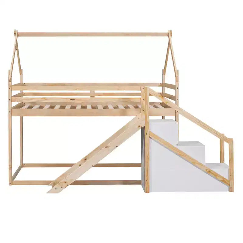 Letto a castello a casetta bianco con scivolo e scaletta, due posti letto