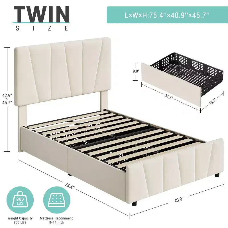 Letto a piattaforma singolo in velluto beige con testiera regolabile e 2 cassetti portaoggetti, per 1