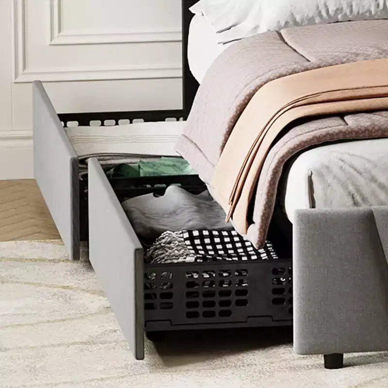 Letto a piattaforma singolo in velluto beige con testiera regolabile e 2 cassetti portaoggetti, per 1