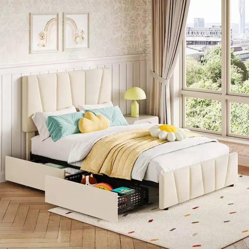 Letto a piattaforma singolo in velluto beige con testiera regolabile e 2 cassetti portaoggetti, per 1