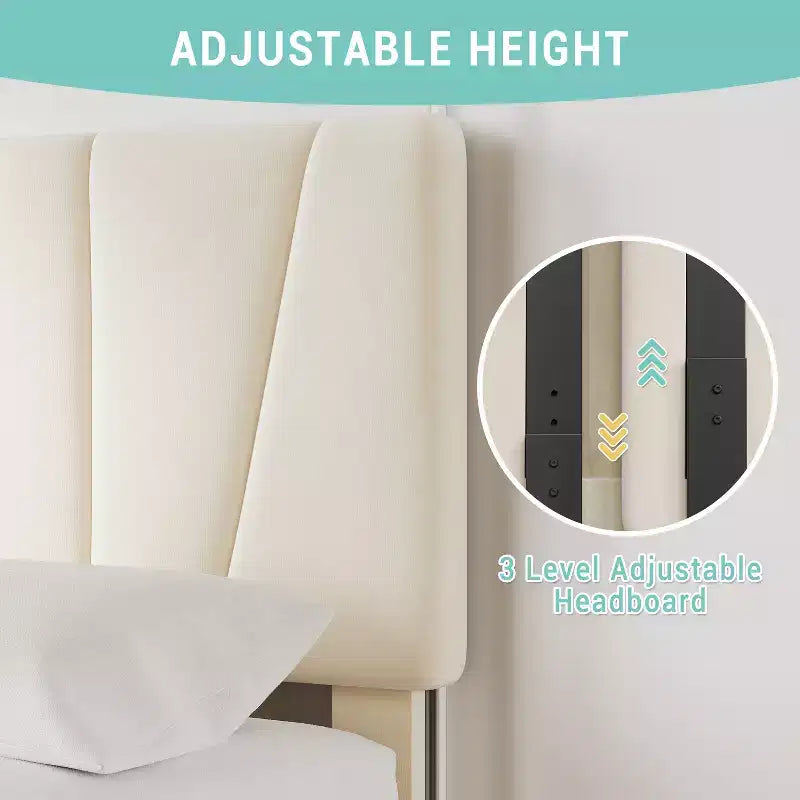 Letto a piattaforma singolo in velluto beige con testiera regolabile e 2 cassetti portaoggetti, per 1