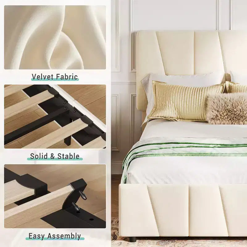 Letto a piattaforma singolo in velluto beige con testiera regolabile e 2 cassetti portaoggetti, per 1