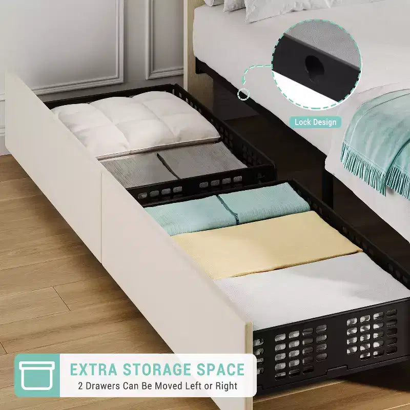 Letto a piattaforma singolo in velluto beige con testiera regolabile e 2 cassetti portaoggetti, per 1