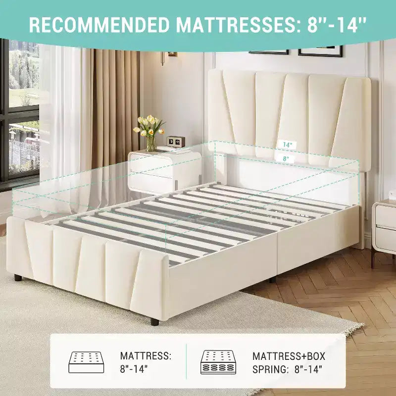 Letto a piattaforma singolo in velluto beige con testiera regolabile e 2 cassetti portaoggetti, per 1