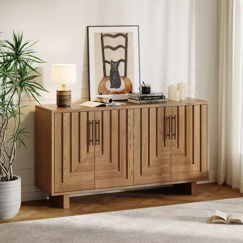 JVNOXK Modern 4-Door Sideboard Constructed with MDF and ash veneer, featuring metal handles and natural finishes, perfect for dining rooms
