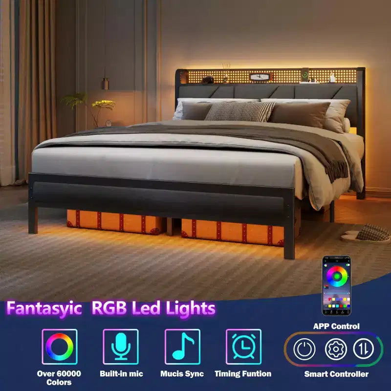 Struttura Letto Matrimoniale Queen, Rivestito in Tessuto Grigio, Marrone Rustico, LED RGB, Ricarica USB, 2 Posti