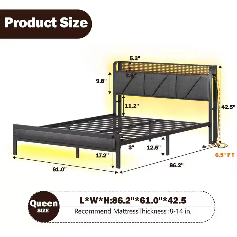 Struttura Letto Matrimoniale Queen, Rivestito in Tessuto Grigio, Marrone Rustico, LED RGB, Ricarica USB, 2 Posti