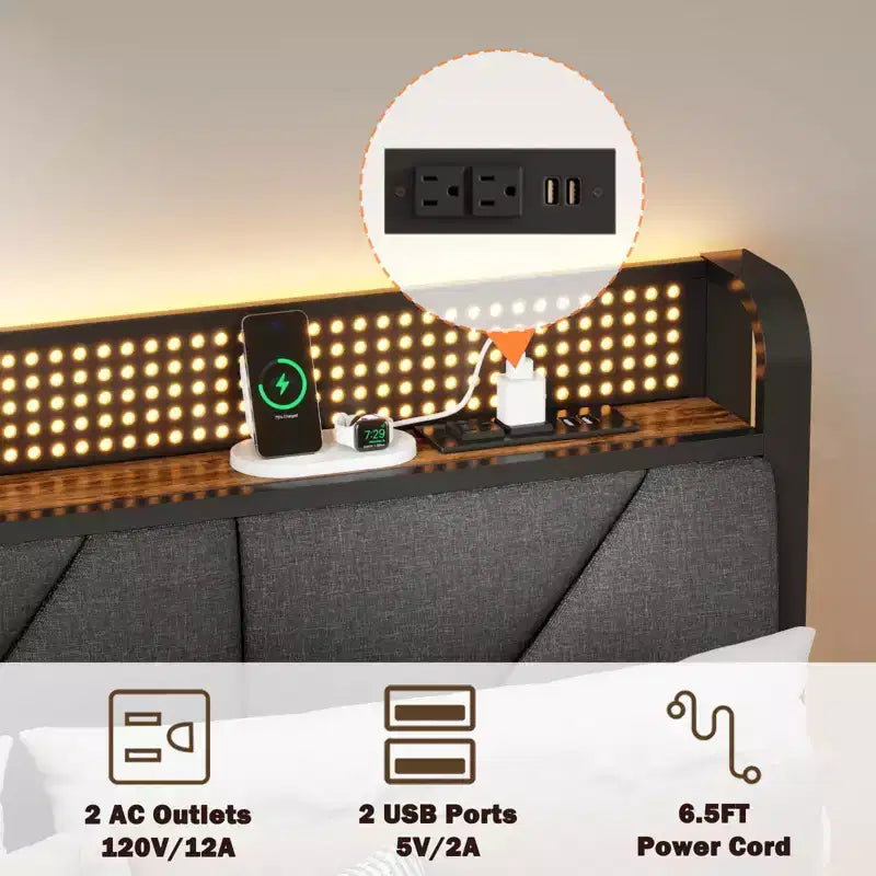Struttura Letto Matrimoniale Queen, Rivestito in Tessuto Grigio, Marrone Rustico, LED RGB, Ricarica USB, 2 Posti