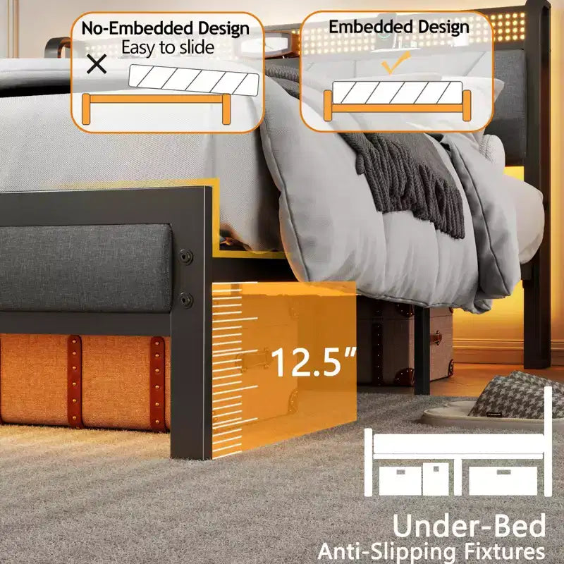 Struttura Letto Matrimoniale Queen, Rivestito in Tessuto Grigio, Marrone Rustico, LED RGB, Ricarica USB, 2 Posti