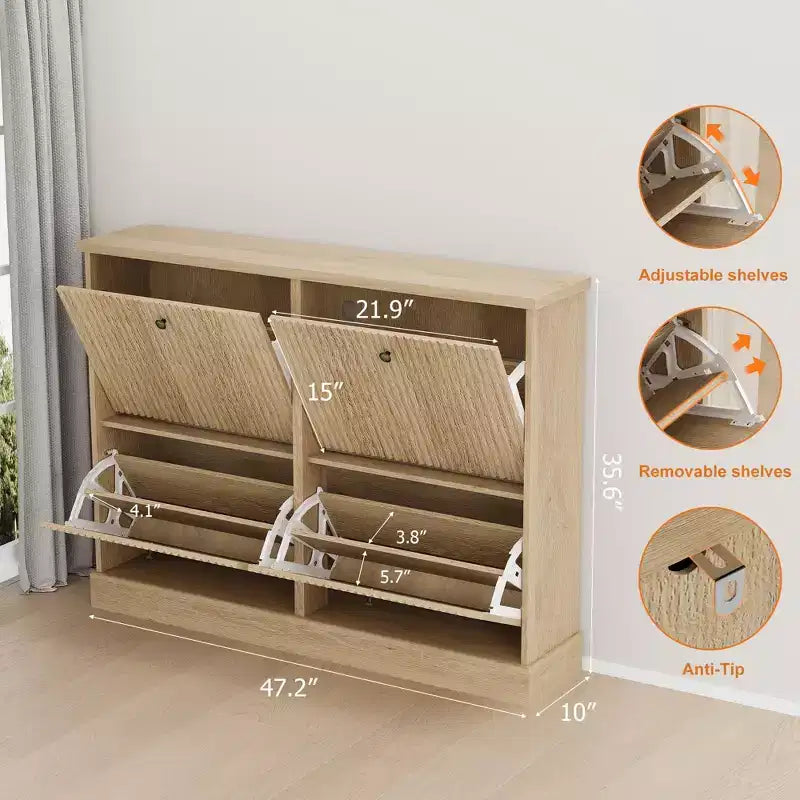 Scarpiera con sportelli a ribalta Nero / Naturale / Noce – 4 scomparti, ripiani regolabili, per 2-4 utilizzatori