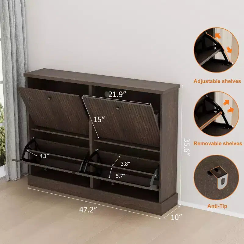 Scarpiera con sportelli a ribalta Nero / Naturale / Noce – 4 scomparti, ripiani regolabili, per 2-4 utilizzatori