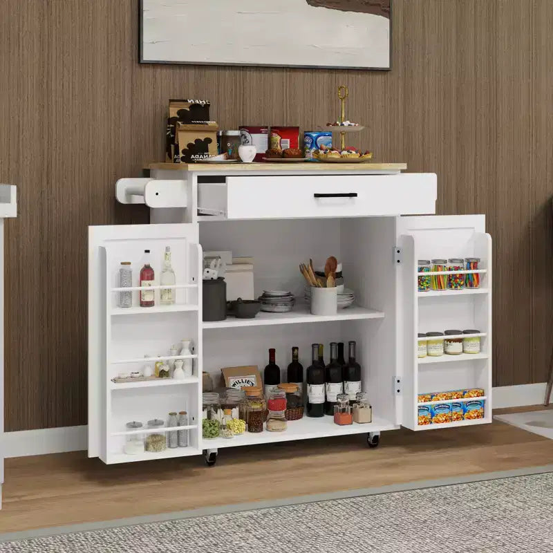 Carrello da Cucina Marrone con Rotelle, Cassetto, Armadietto e Ripiani Laterali – Per 1 Persona