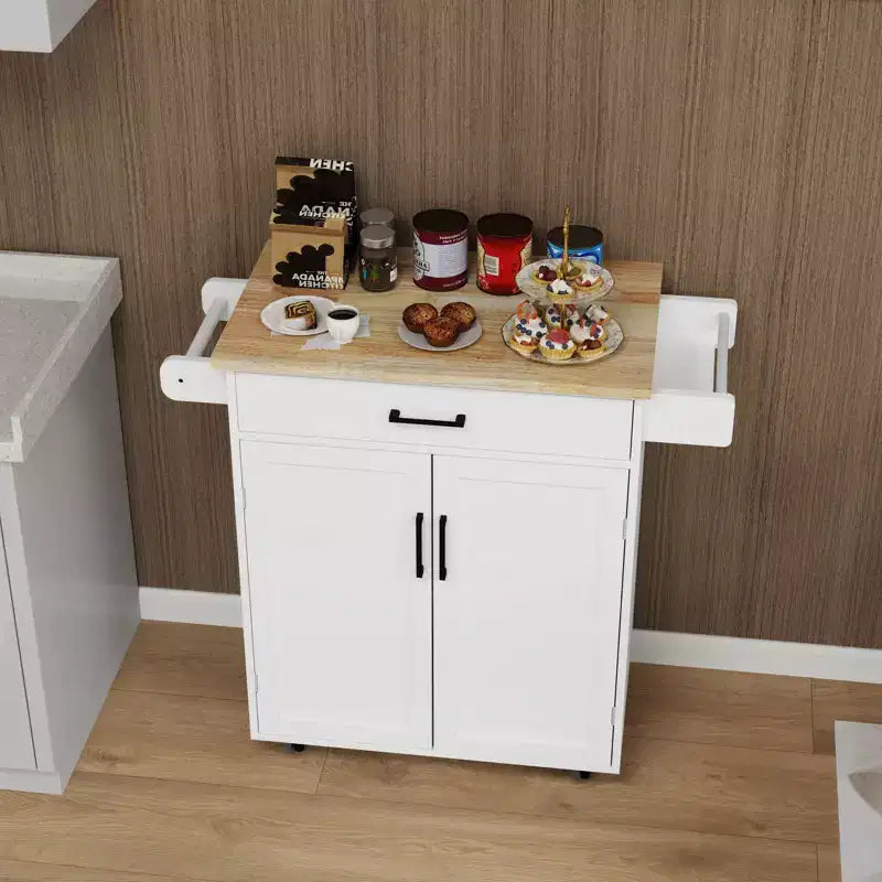 Carrello da Cucina Marrone con Rotelle, Cassetto, Armadietto e Ripiani Laterali – Per 1 Persona