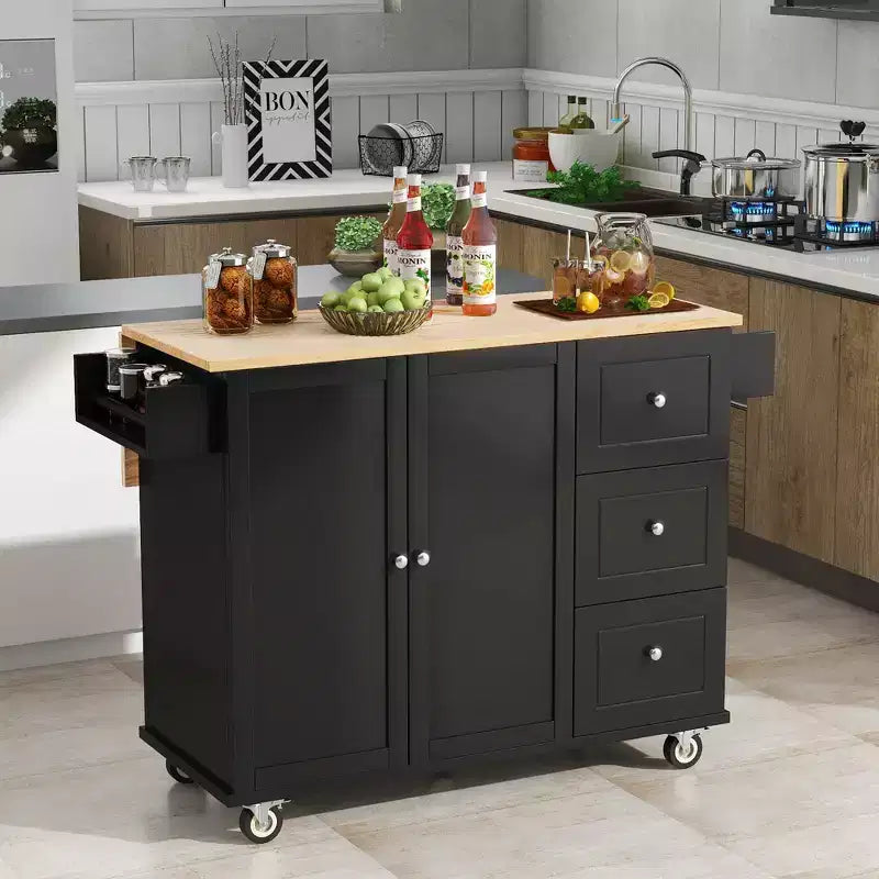 sumyeg Rolling Kitchen Island with Solid Wood Top, Drop Leaf Bar, Locking Wheels, Storage Cabinet, Spice Rack, Towel Rack and Drawer, 52.7inch