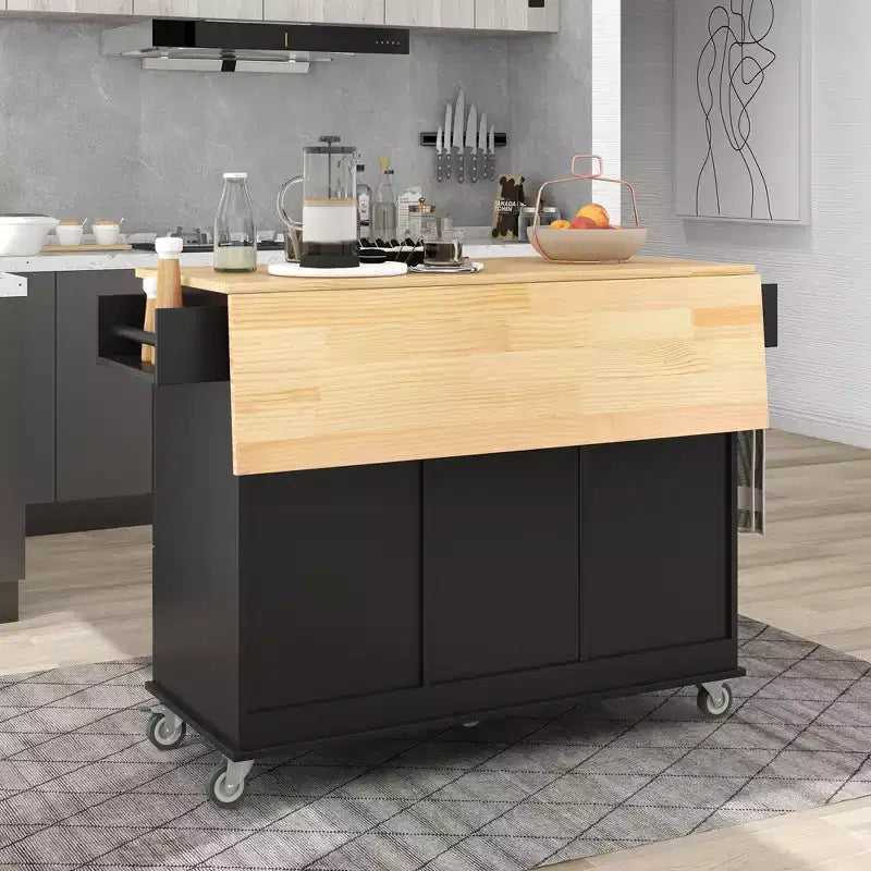Isola da Cucina Marrone con Rotelle, Ribalta, Uso Singolo, Armadietto e Top in Legno Massello