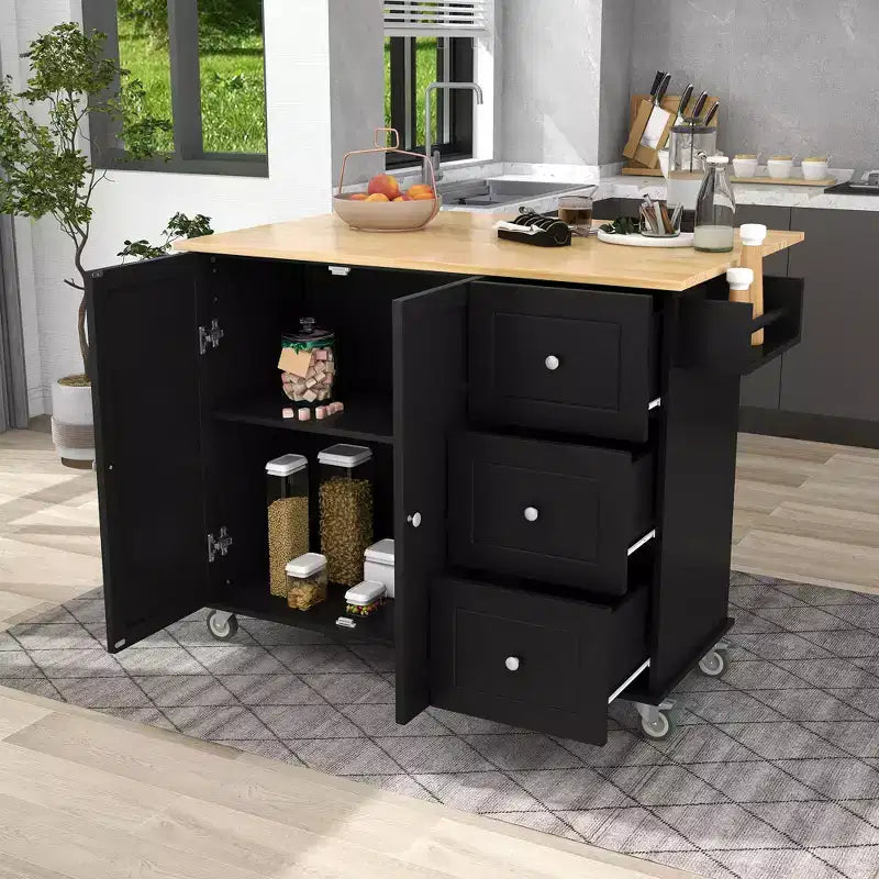 Isola da Cucina Marrone con Rotelle, Ribalta, Uso Singolo, Armadietto e Top in Legno Massello