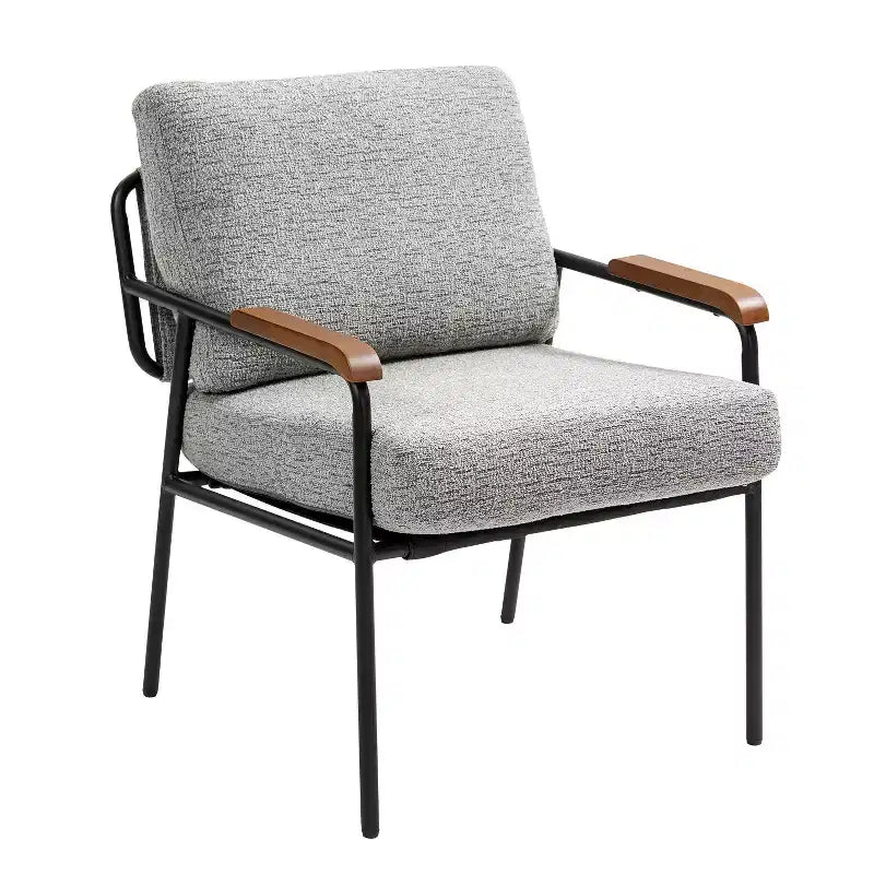 Poltrona moderna beige/grigia, braccioli in legno, telaio in metallo, 1 posto