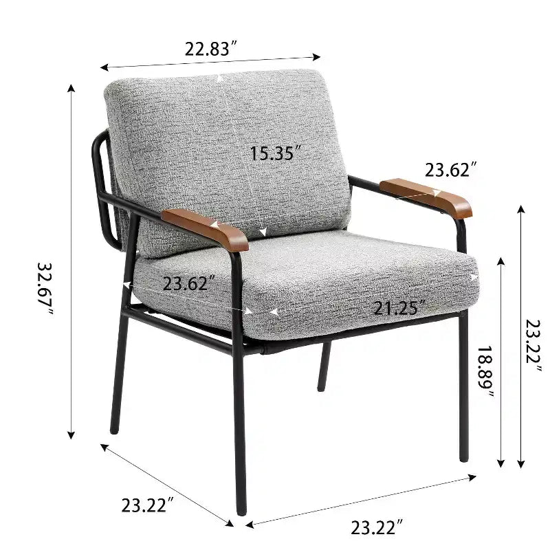 Poltrona moderna beige/grigia, braccioli in legno, telaio in metallo, 1 posto