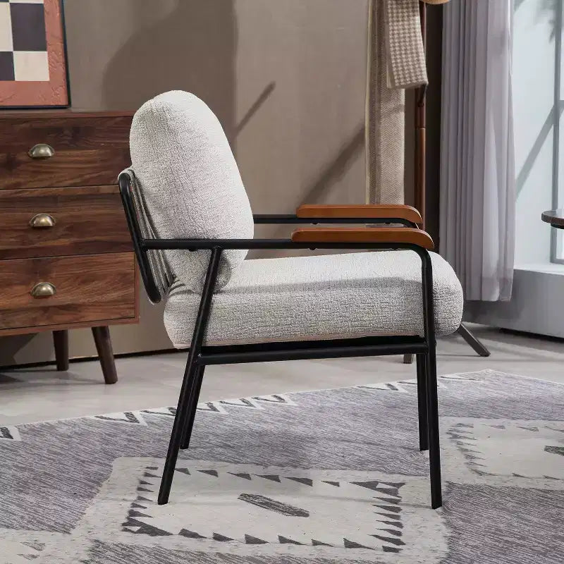 Poltrona moderna beige/grigia, braccioli in legno, telaio in metallo, 1 posto