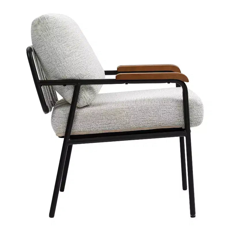Poltrona moderna beige/grigia, braccioli in legno, telaio in metallo, 1 posto
