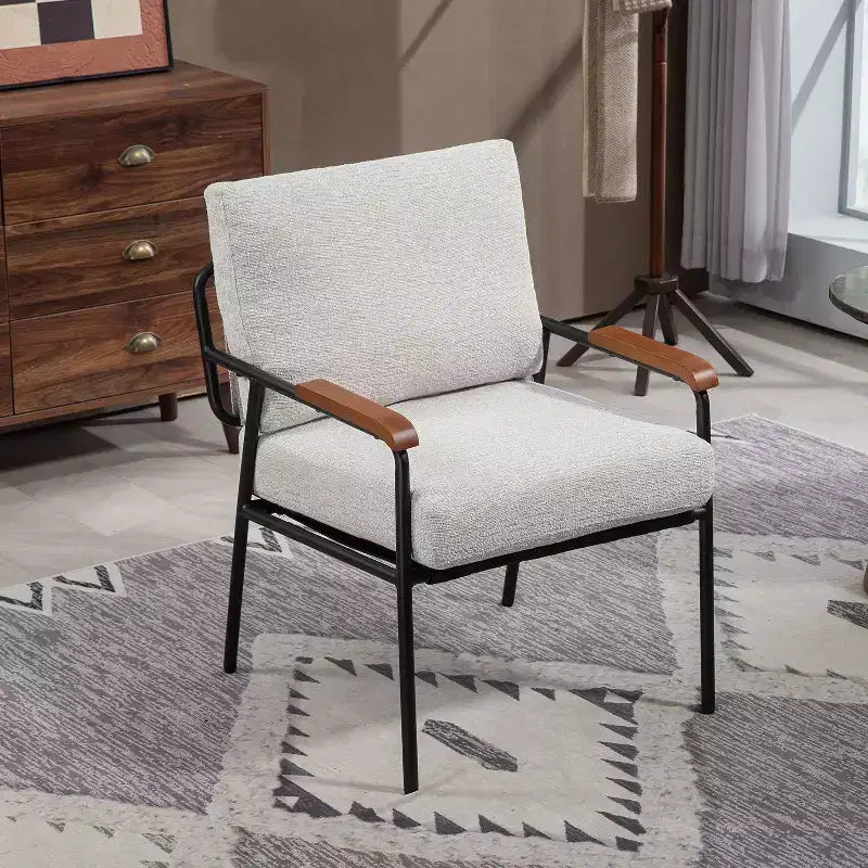 Poltrona moderna beige/grigia, braccioli in legno, telaio in metallo, 1 posto